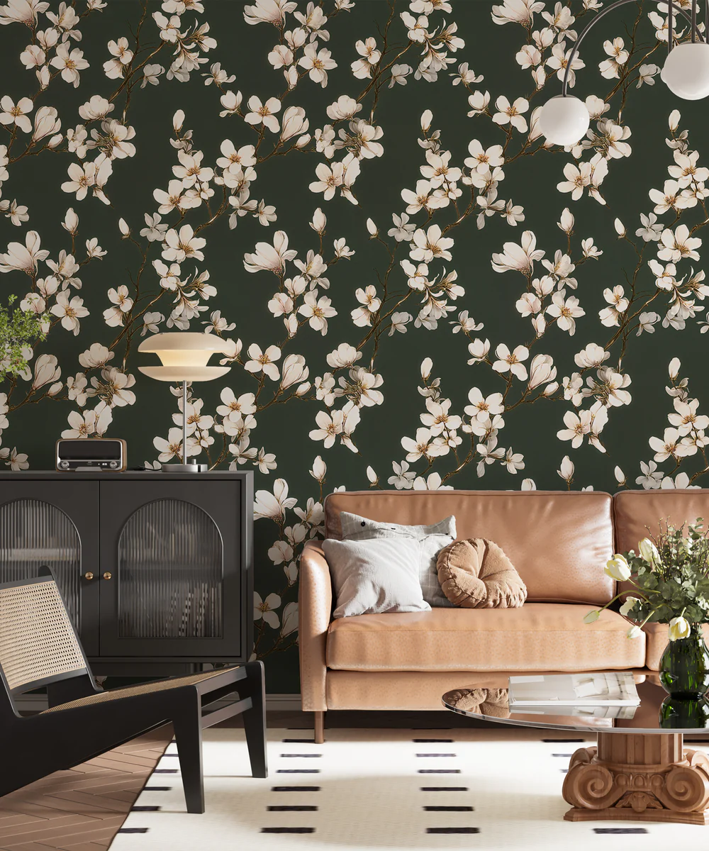 Muted Green White Magnolia Wallpaper