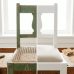 worn green wooden chair on workbench shown half restored with fresh white paint beside brush and paint can