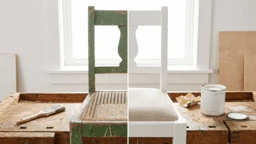 worn green wooden chair on workbench shown half restored with fresh white paint beside brush and paint can