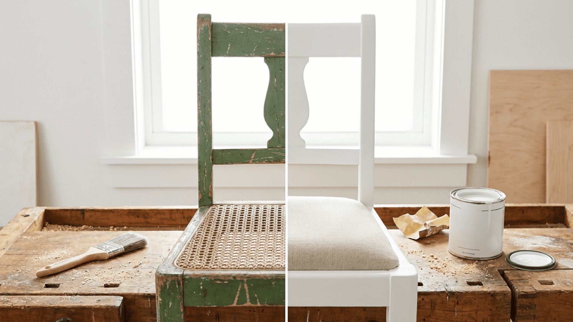 worn green wooden chair on workbench shown half restored with fresh white paint beside brush and paint can