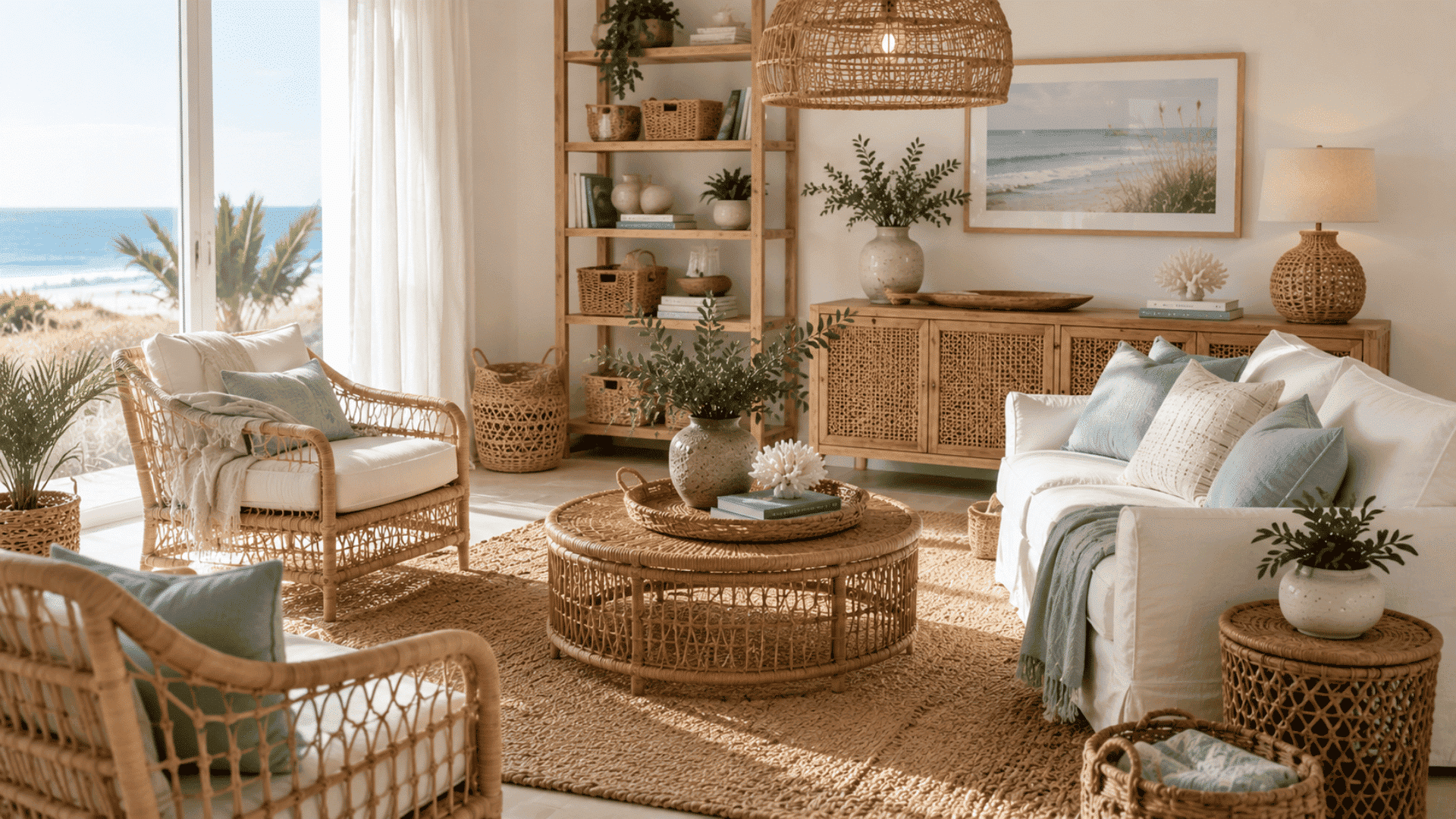 woven rattan furniture and natural fiber accents adding texture and warmth to coastal aesthetics