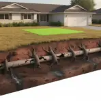 Underground tree roots damaging residential pipe beneath suburban house lawn