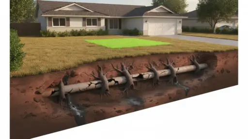 Underground tree roots damaging residential pipe beneath suburban house lawn