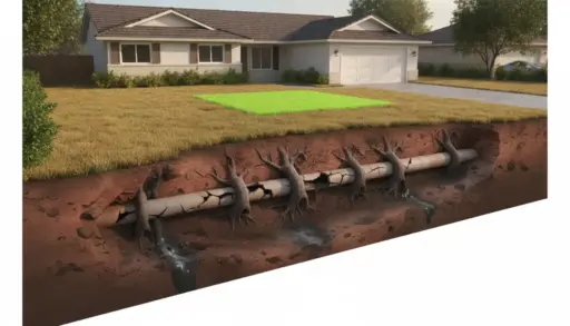 Underground tree roots damaging residential pipe beneath suburban house lawn