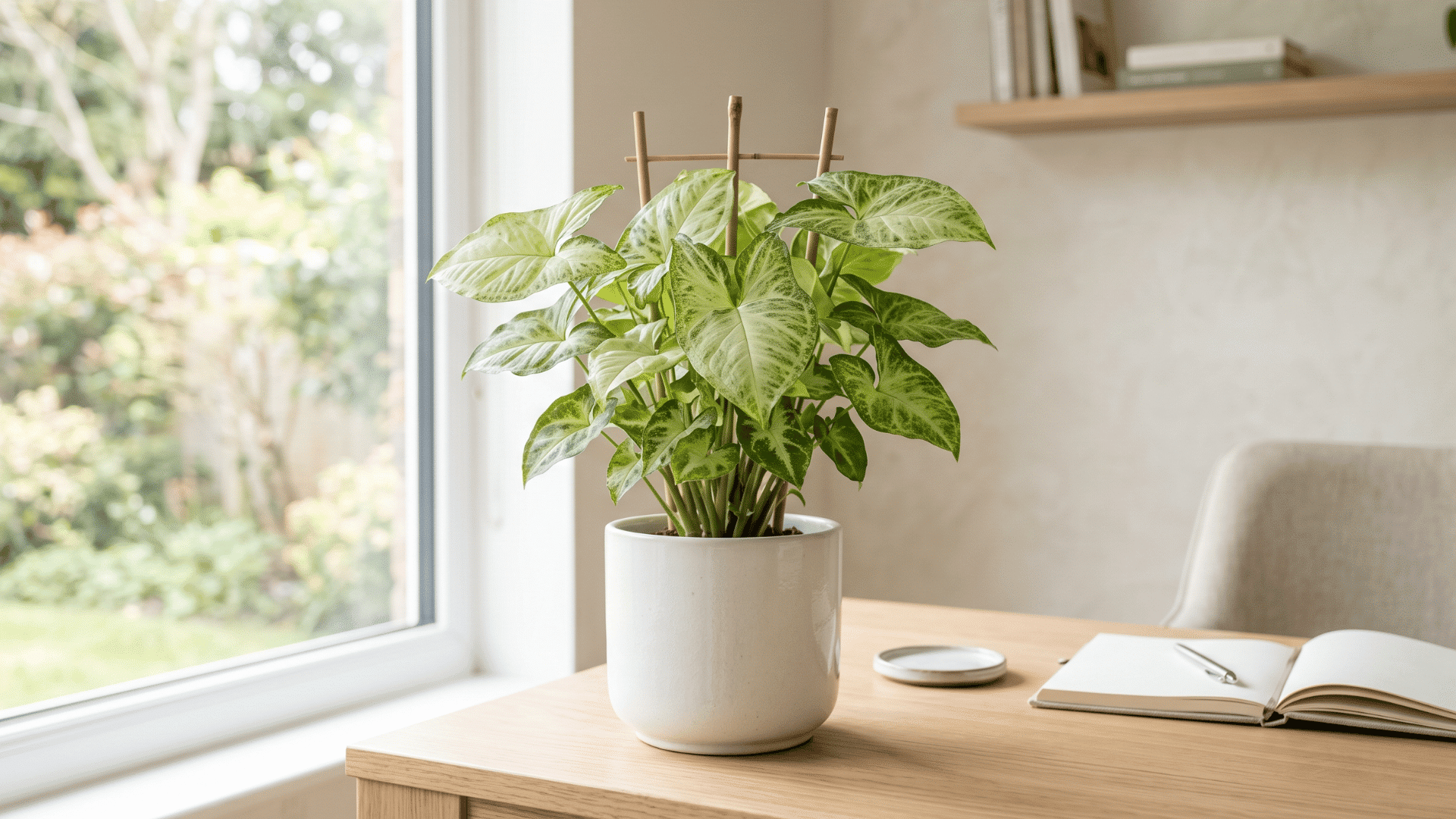 12 a arrowhead vine pot placed at the corner of the study table