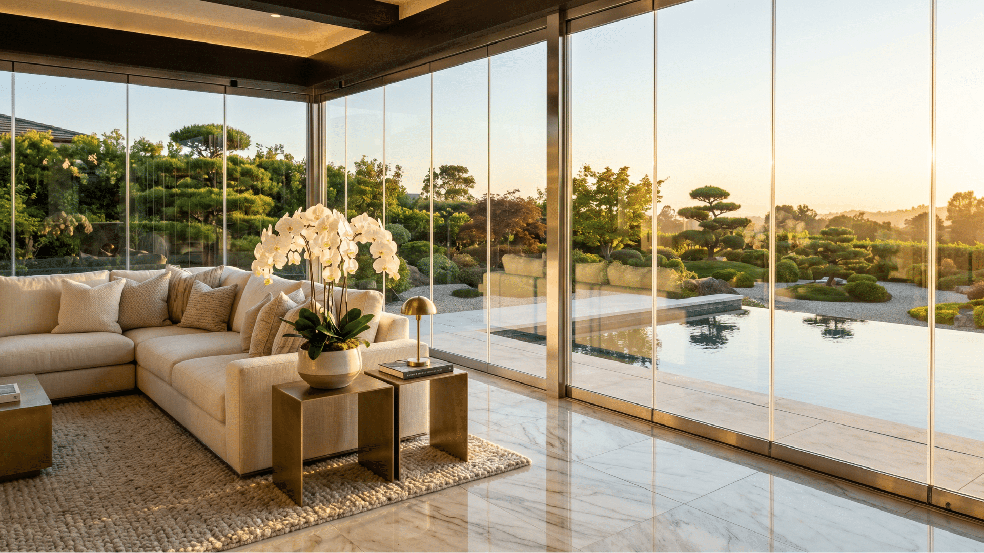 13. a morden house with a open screen porch from which the swimming pool is visible makes house very beautiful