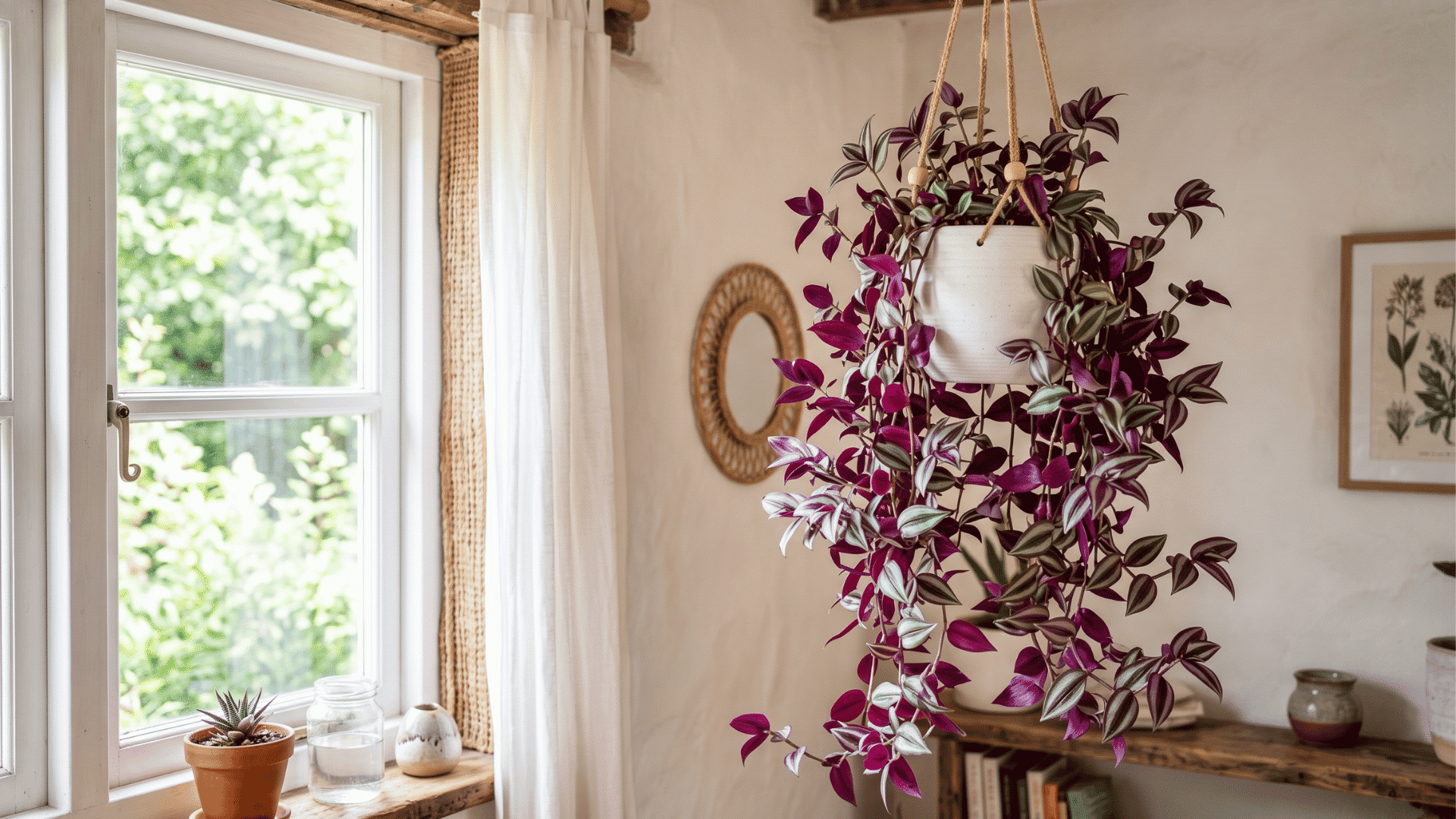 16 purple tradescantia hanging pot placed in the center of the house  for a minimalistic beauty look