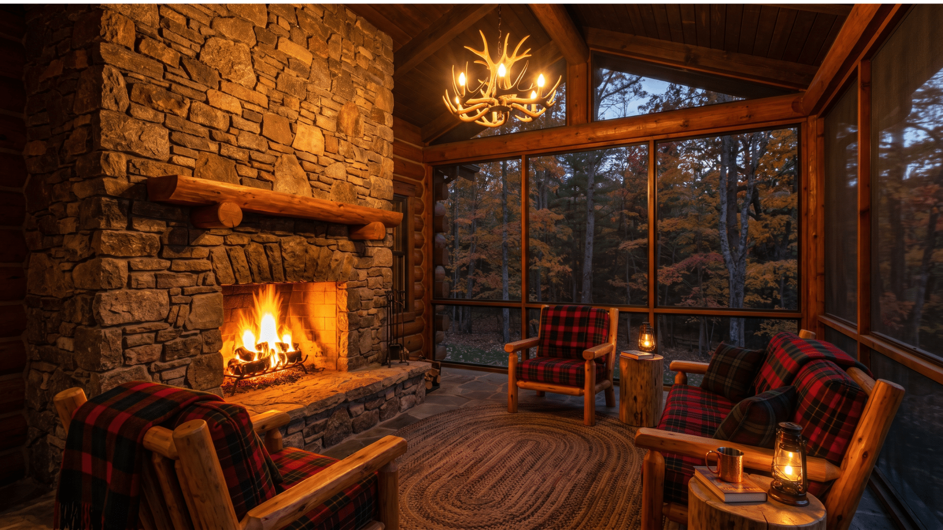 17. a screen porch from which feilds are visible with a fire place