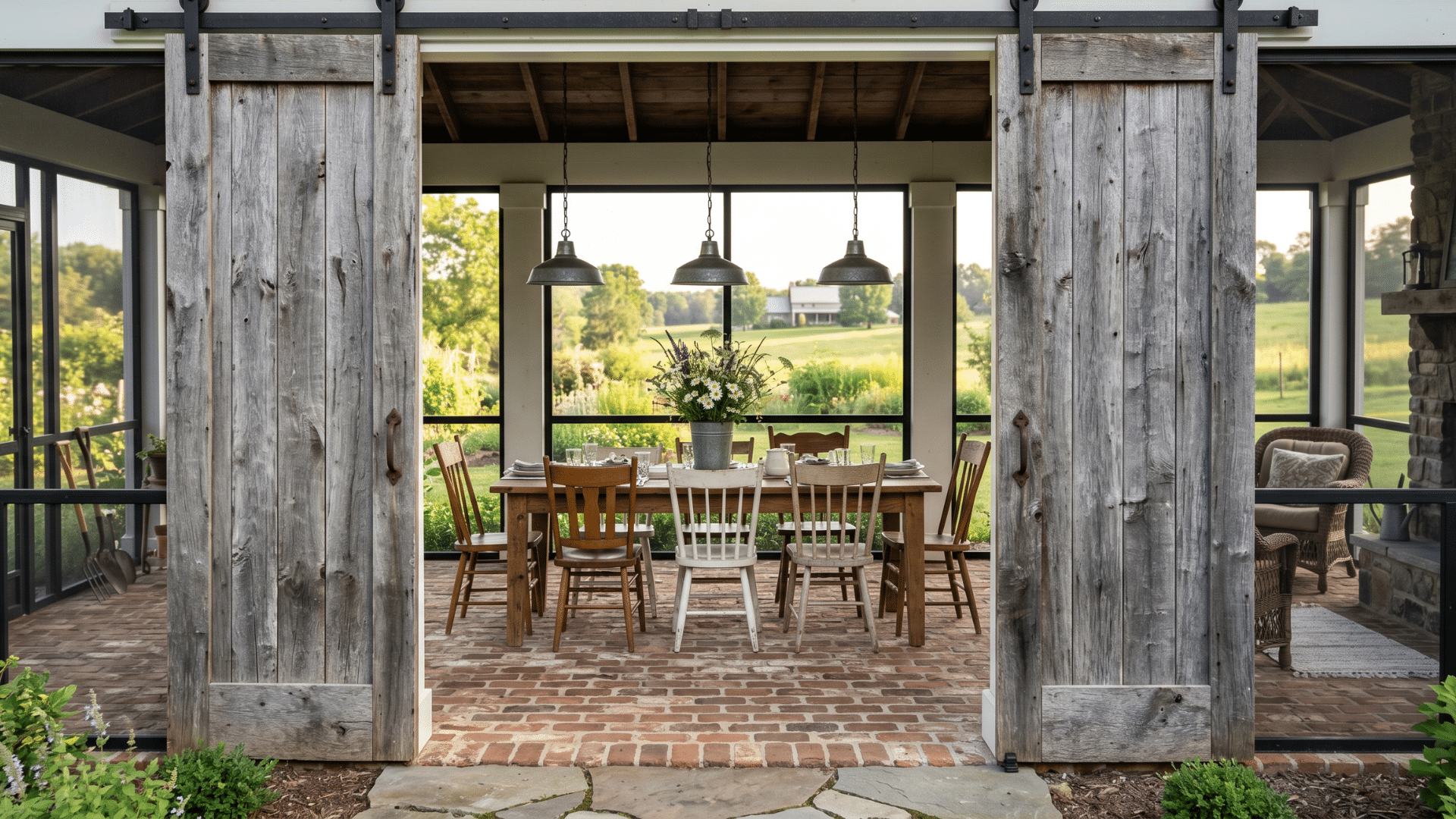 19. a dinning screen porch from which a beautiful lawn is visible