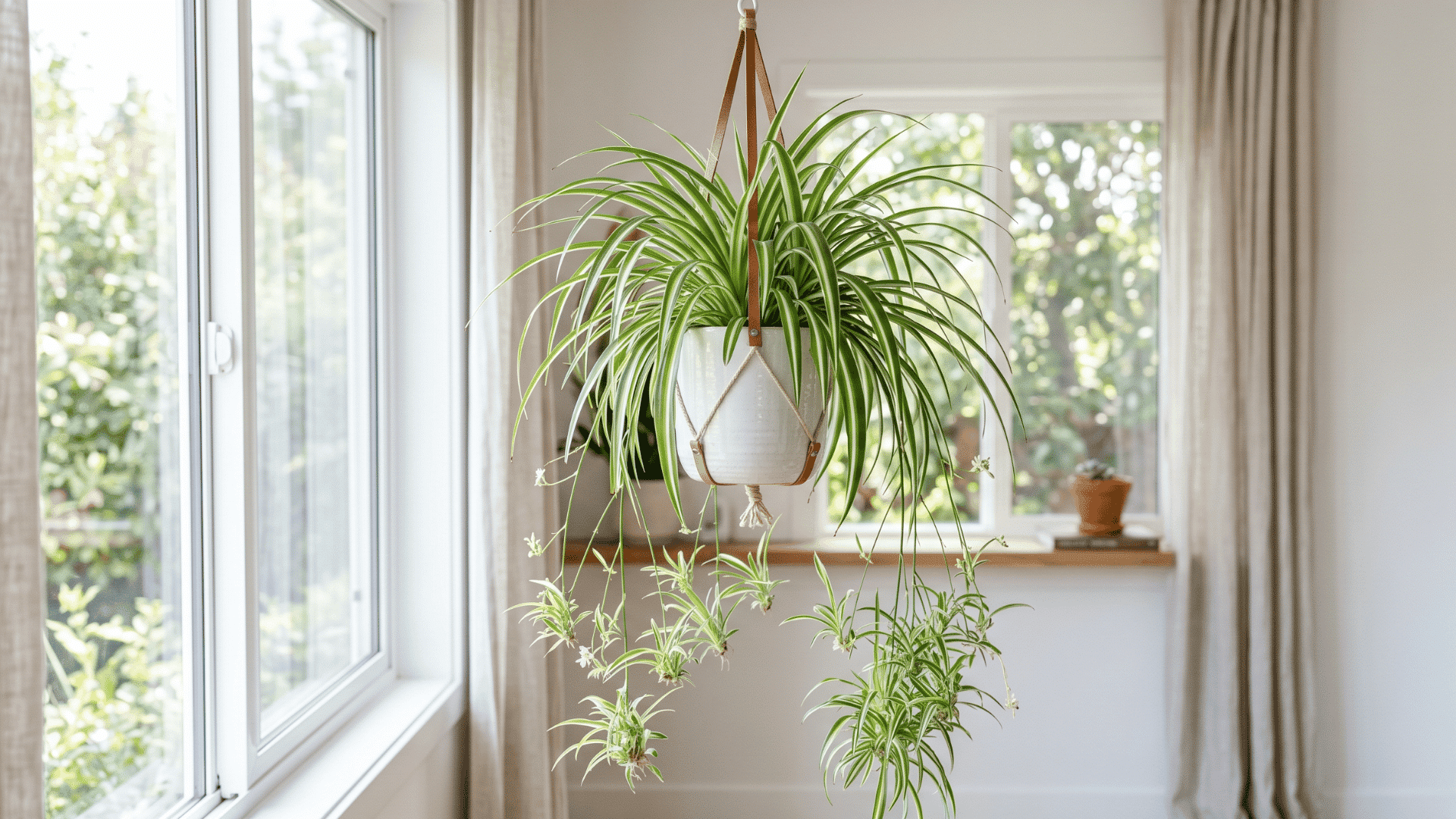 2 a image of a spider plant hanging in the middle of the house