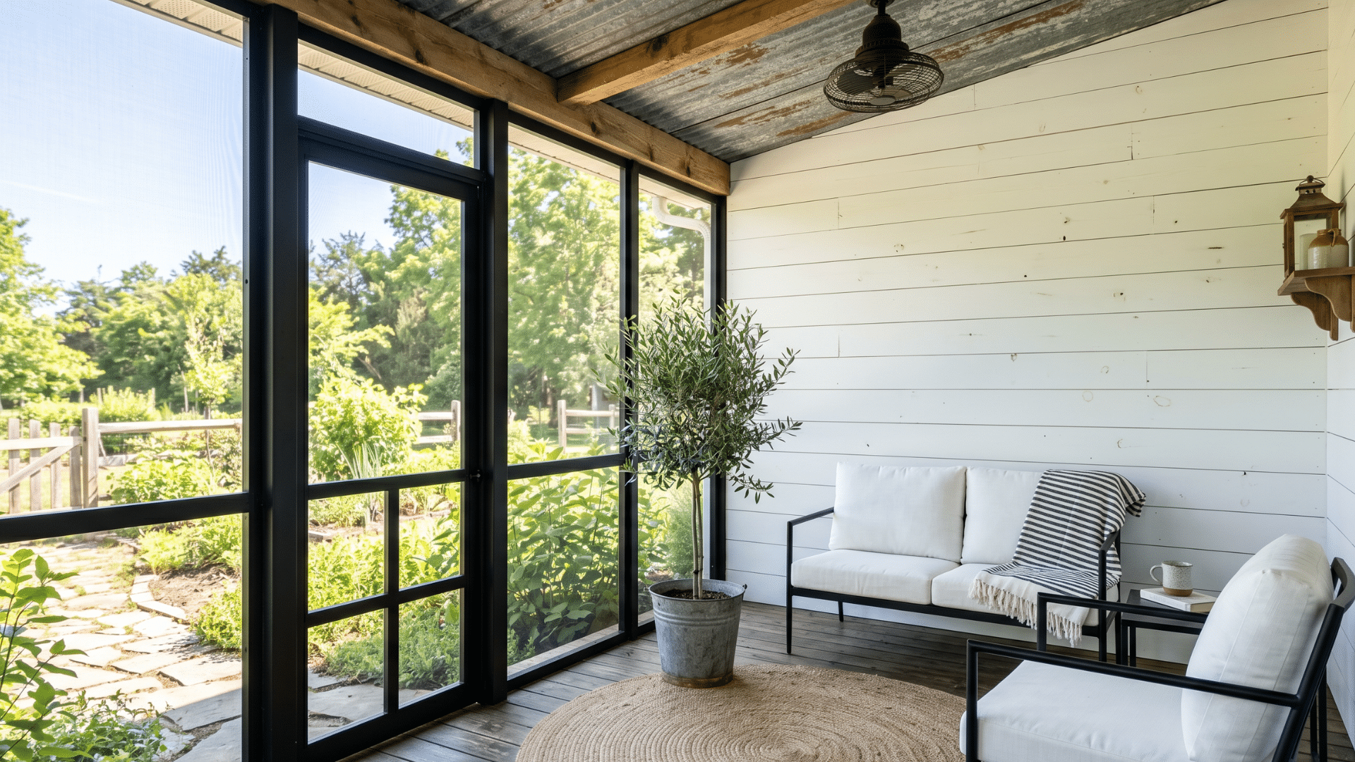 20. a cute small cozy screen porch with white furniture