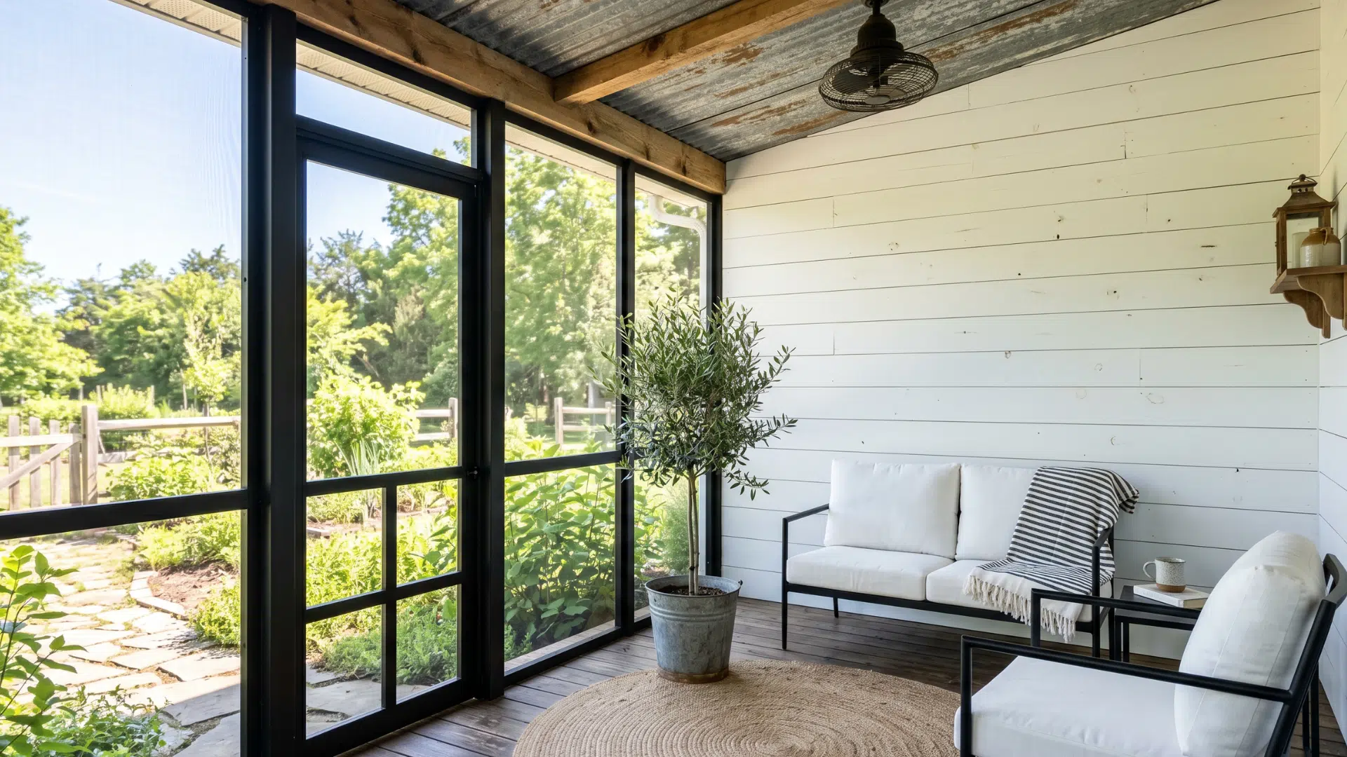 20. a cute small cozy screen porch with white furniture