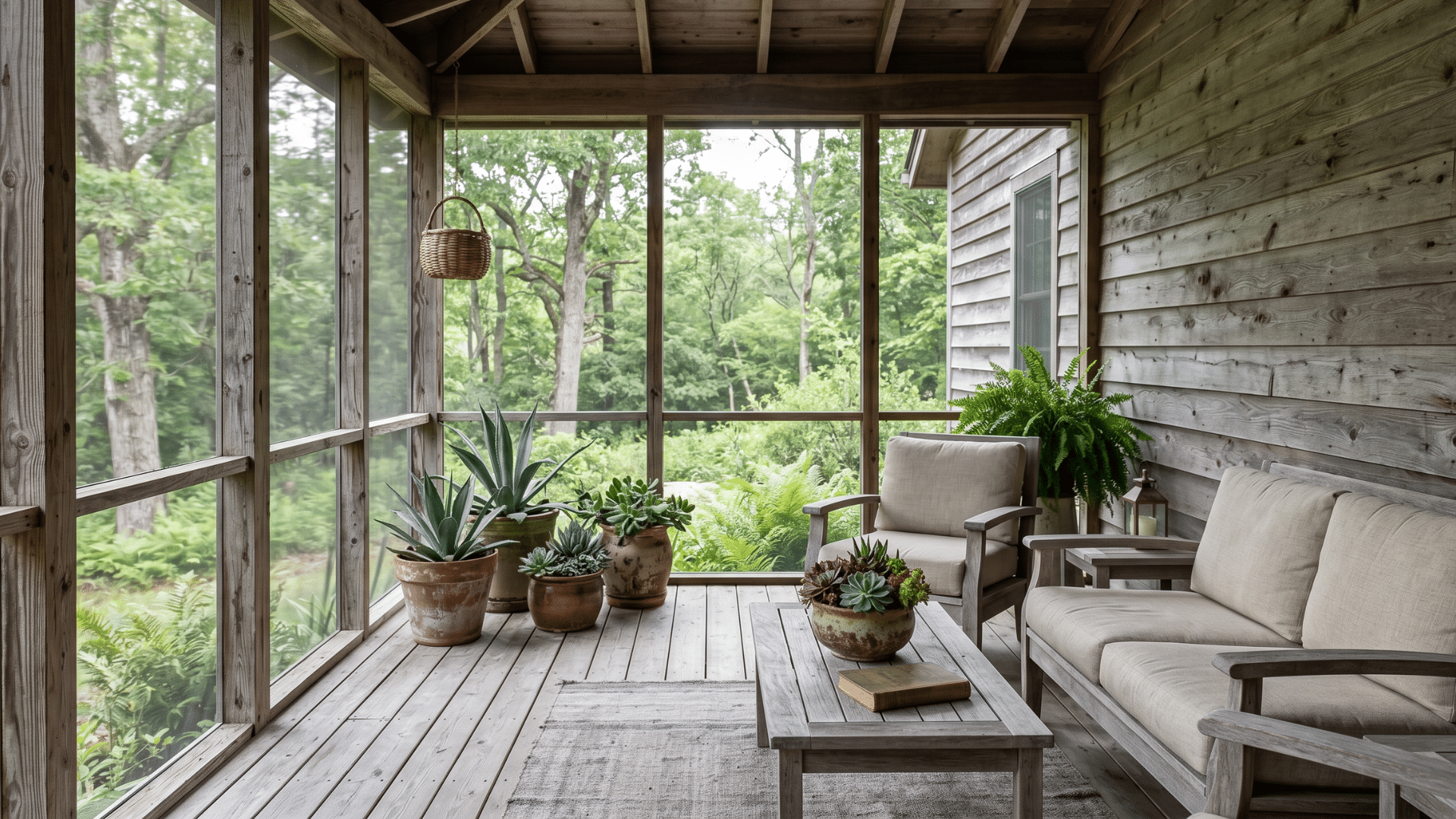 22. a screen porch with wooden walls with wooden sofas with a bit of greenary (1)