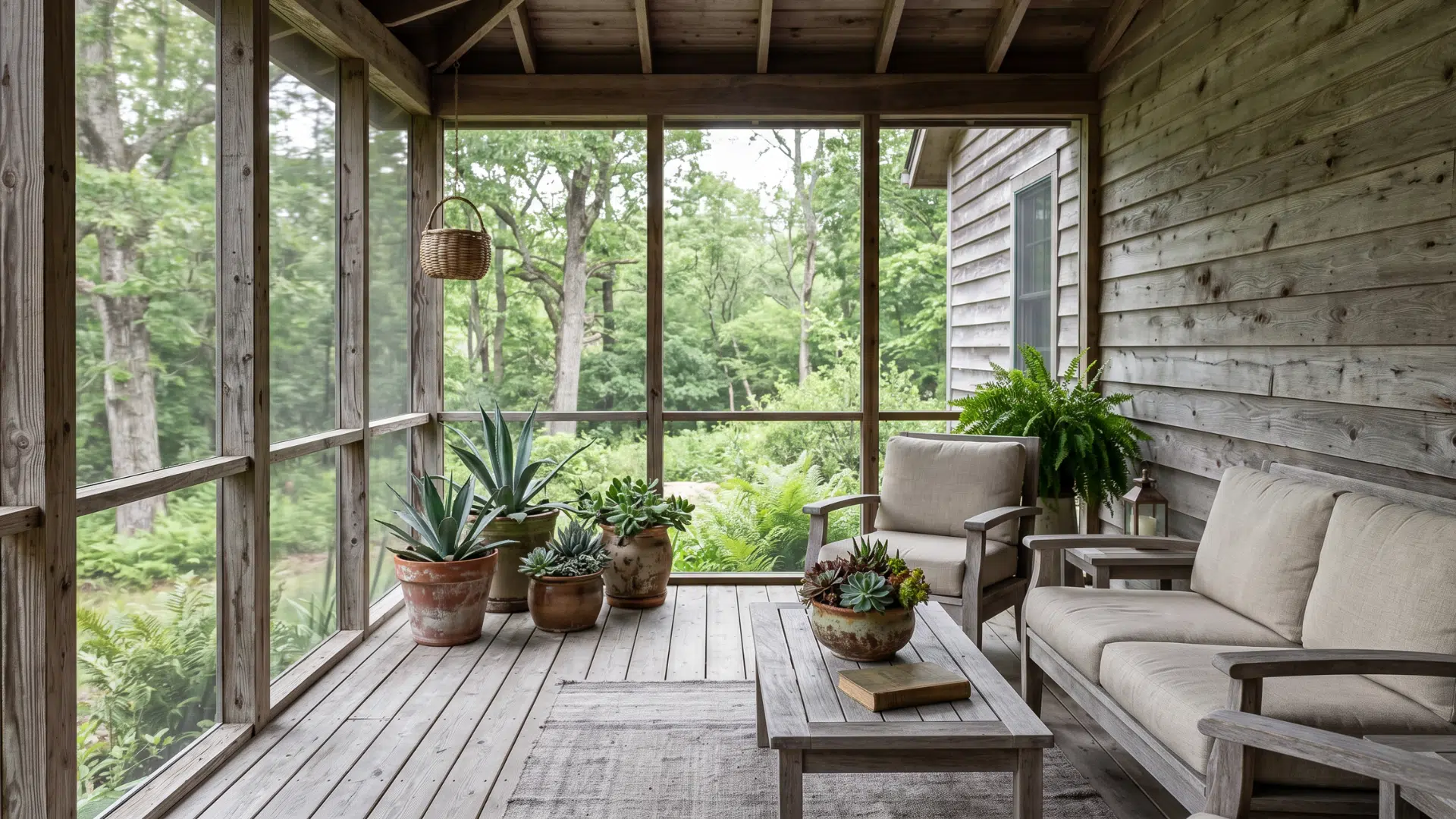 22. a screen porch with wooden walls with wooden sofas with a bit of greenary (1)