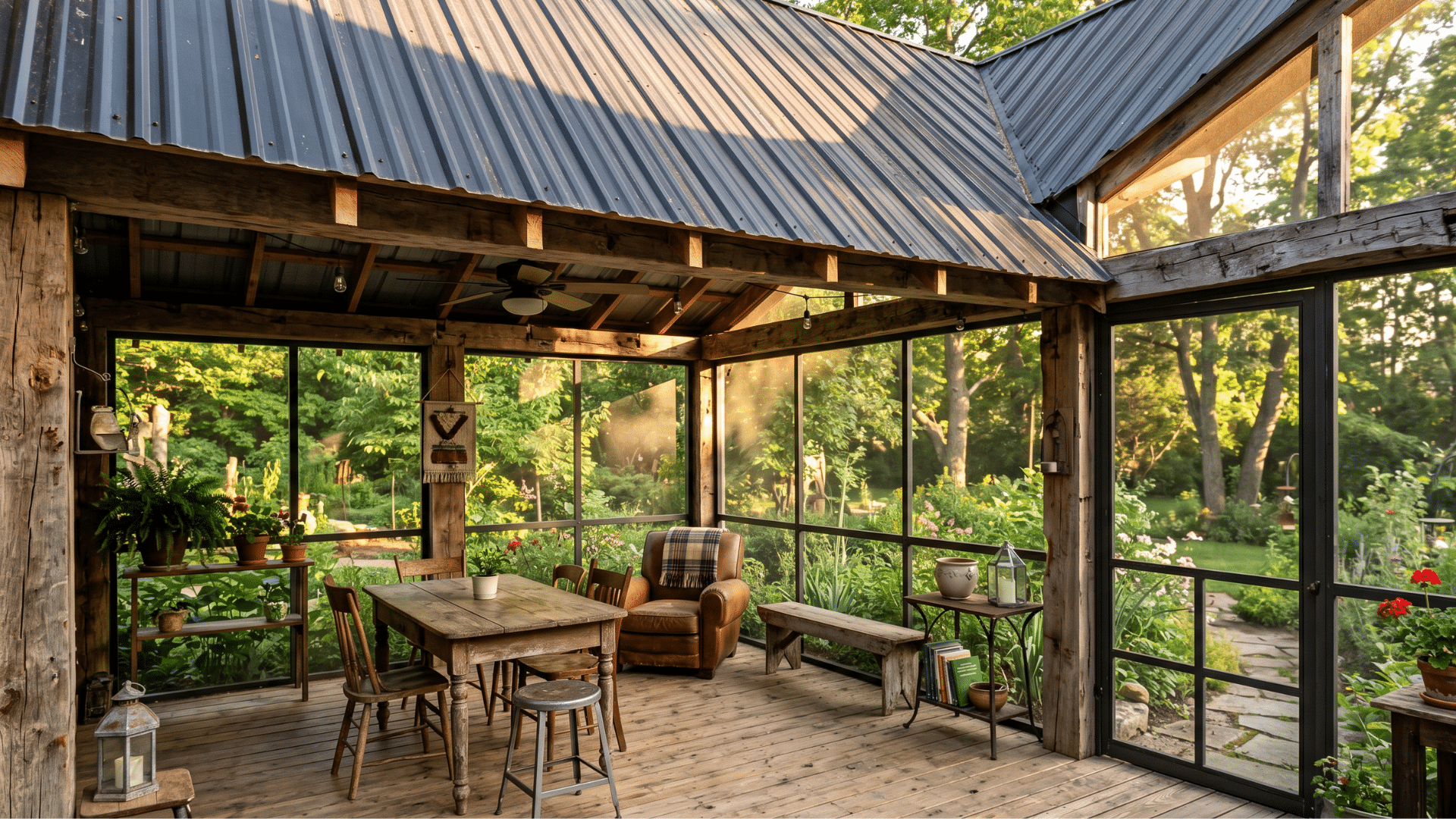 23. a screen porch with wooden walls from which a garden is visibles