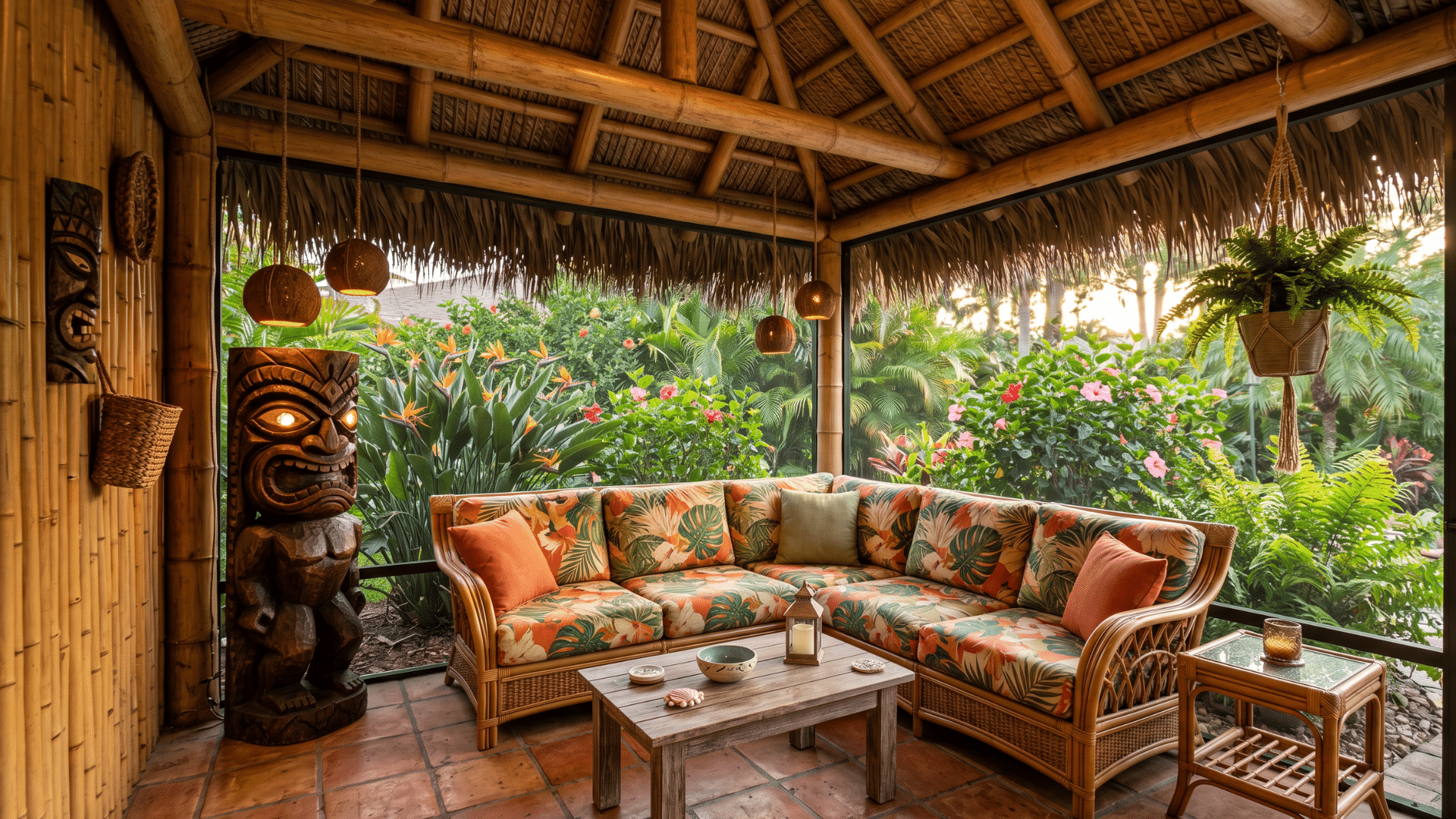 24. a screen porch with bamboo walls with a l shaped sofa making it a big cozy relaxing space