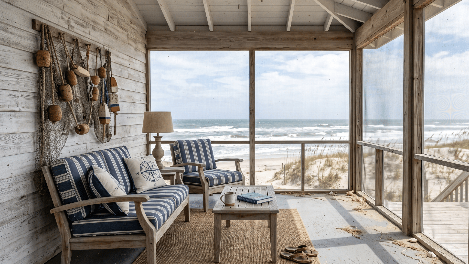 26. a beach house with a screen porch from which the view of the shore is visible