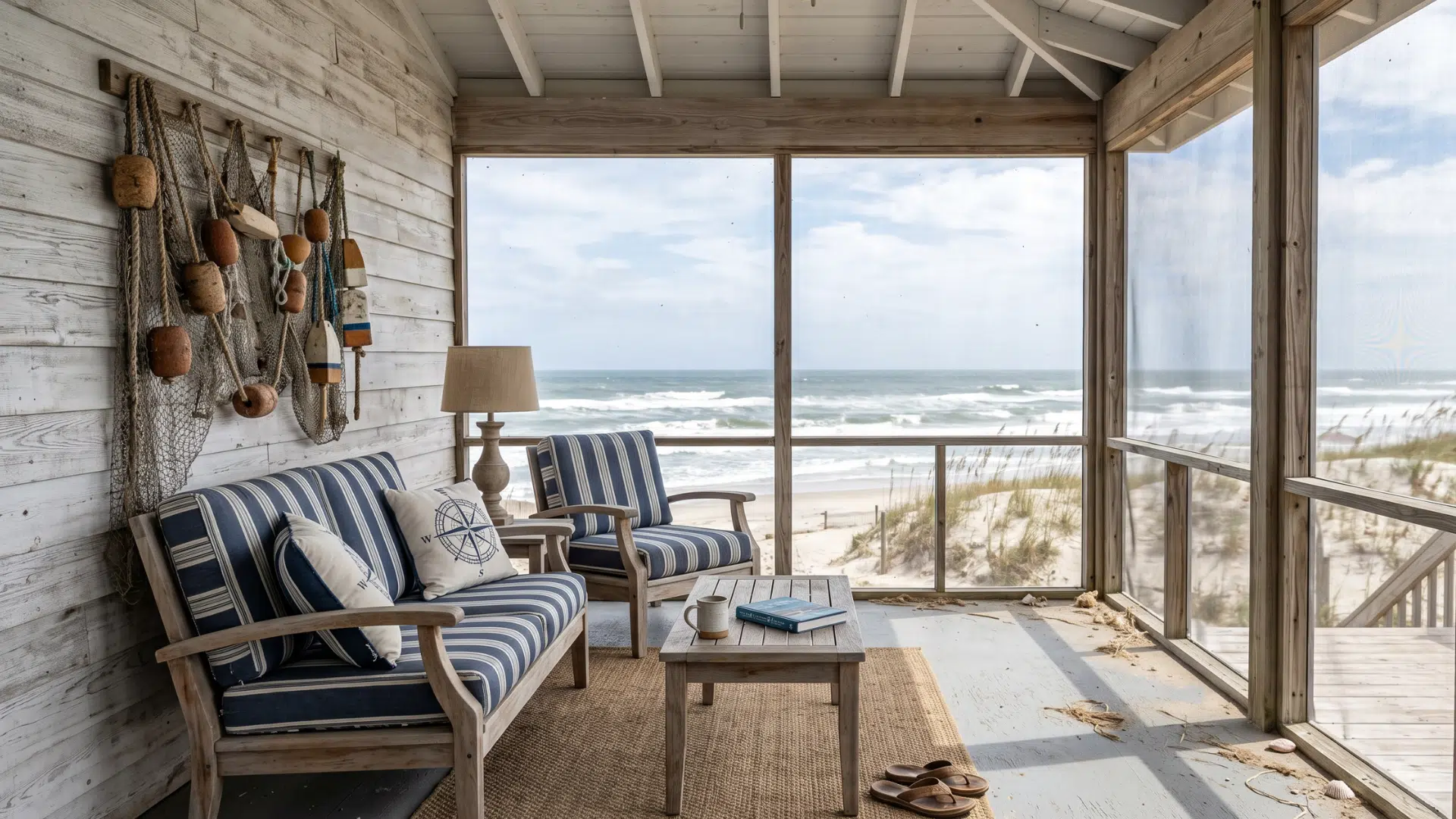 26. a beach house with a screen porch from which the view of the shore is visible