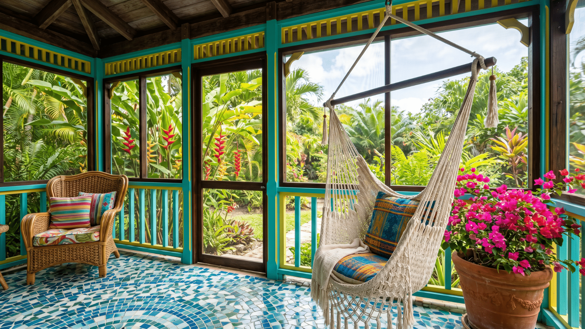 27. a colorful screen porch with bright colors, with cozy sittings in it.