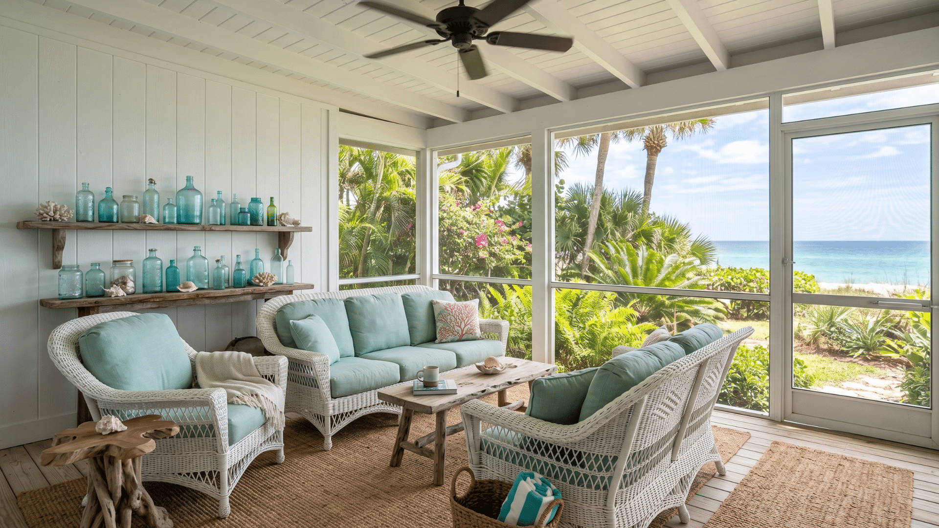 29. a beach house with screen porch house with a shade of blue and white