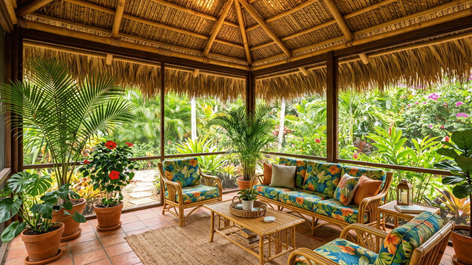 30. a bamboo house with a open porch filled with vibrant colours