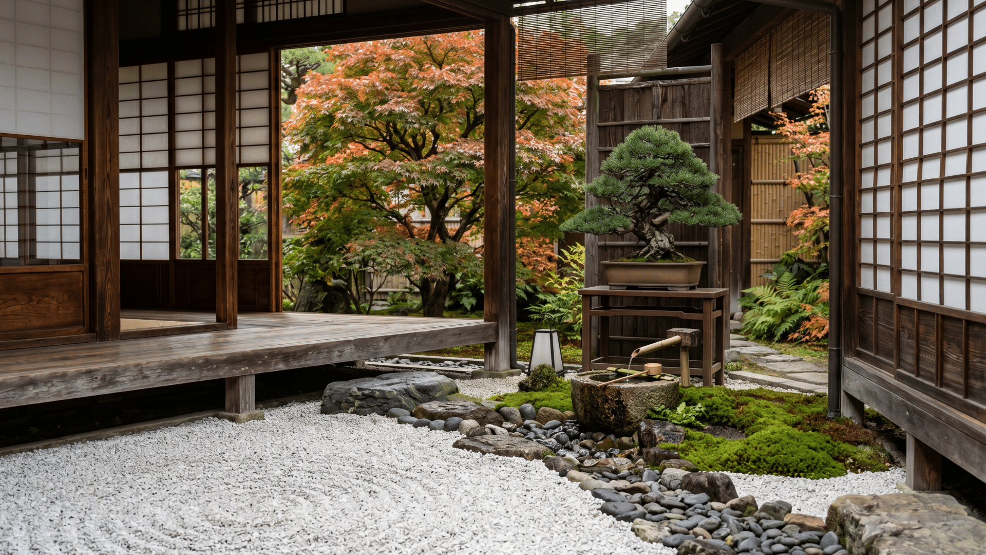 33. a japanease house with a bonsai tree and pebbles in the house making porch open and visible