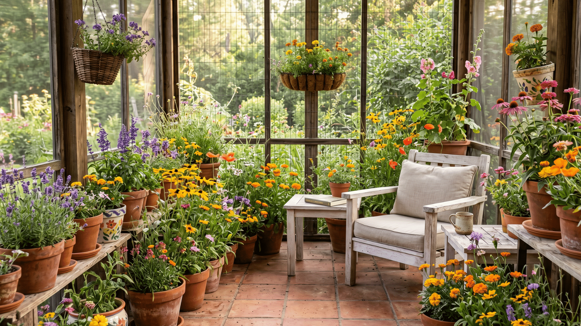 36. a  screen porch filled with flower a cozy solo space in the house to relax