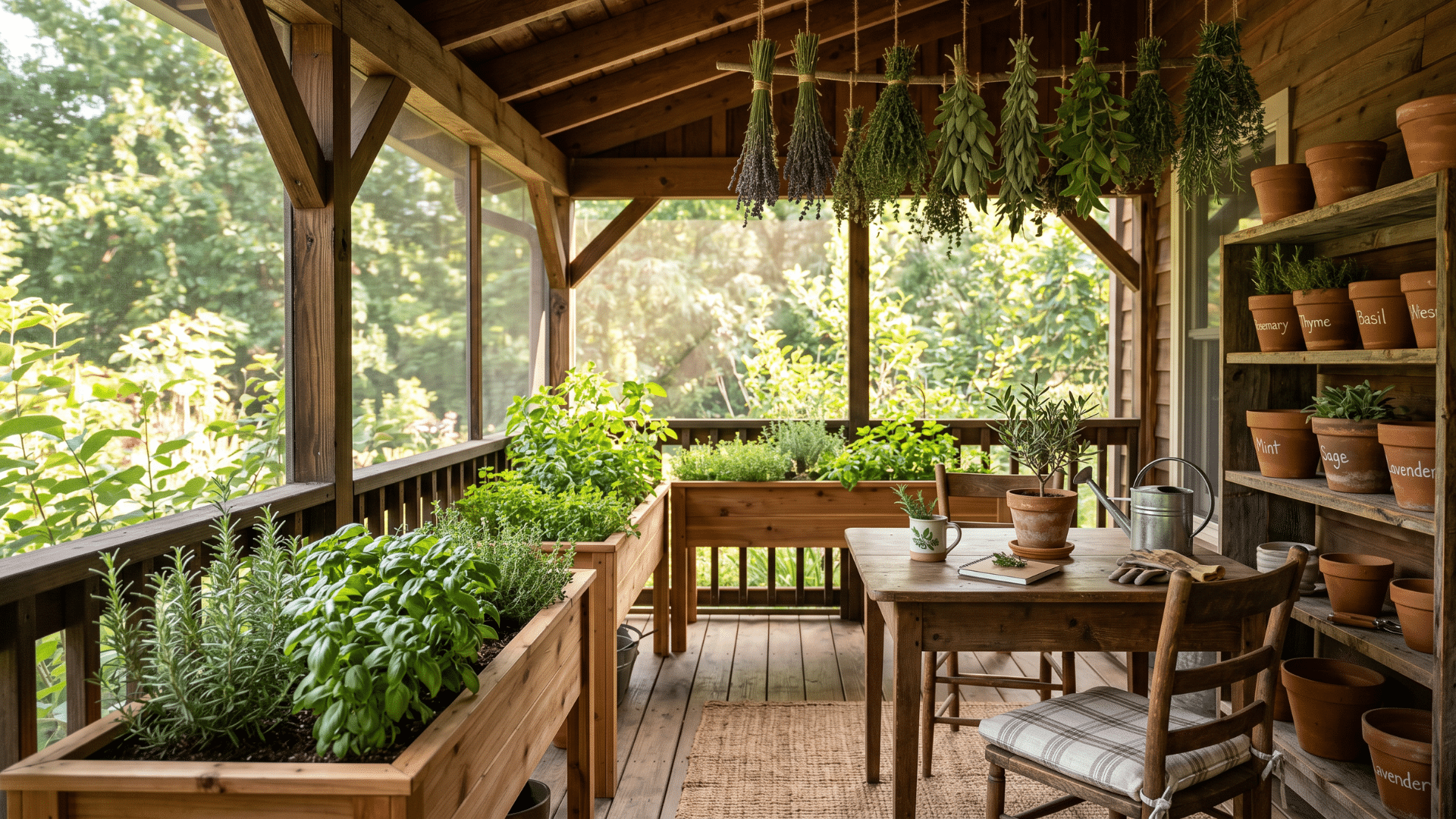 37. a screen porch with a small pot garden and multiple plants in the shelf surrounded by nature