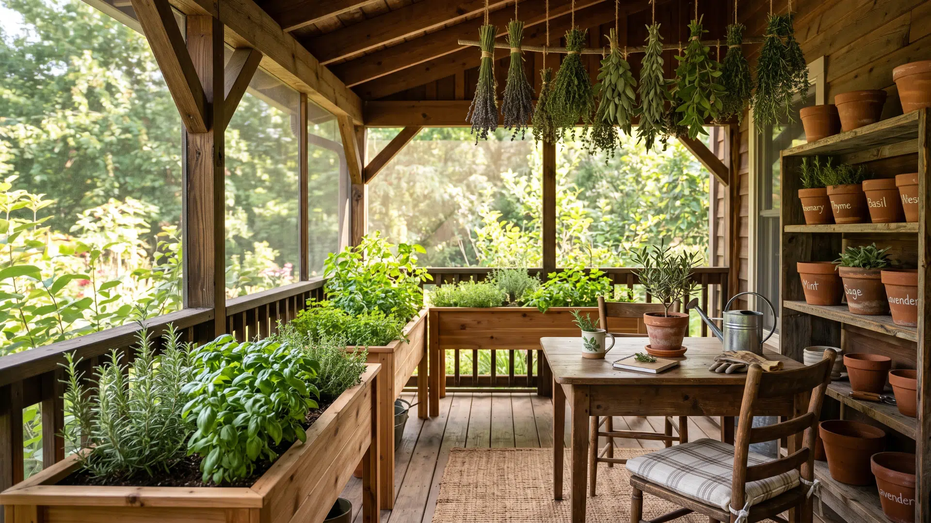 37. a screen porch with a small pot garden and multiple plants in the shelf surrounded by nature