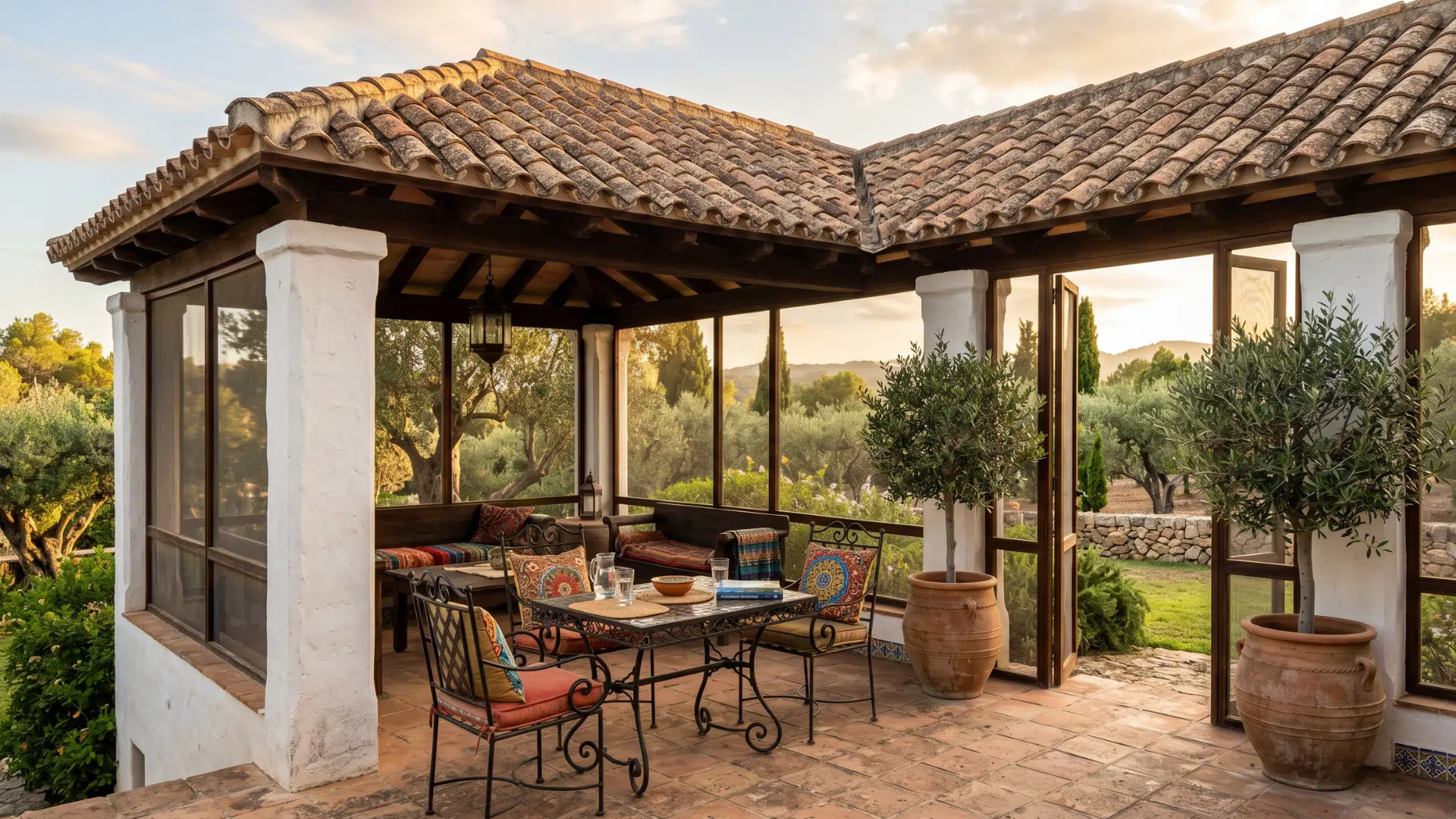 39. a open screen porch in a step lawn from which the view of lawn is visible