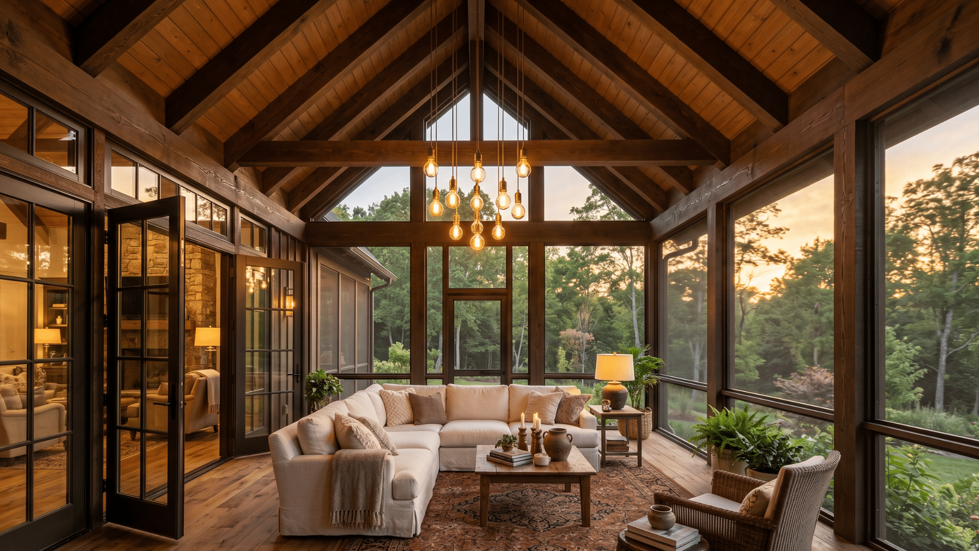 40. image of a covered screen porch with sofas and a space from which the garden is visible