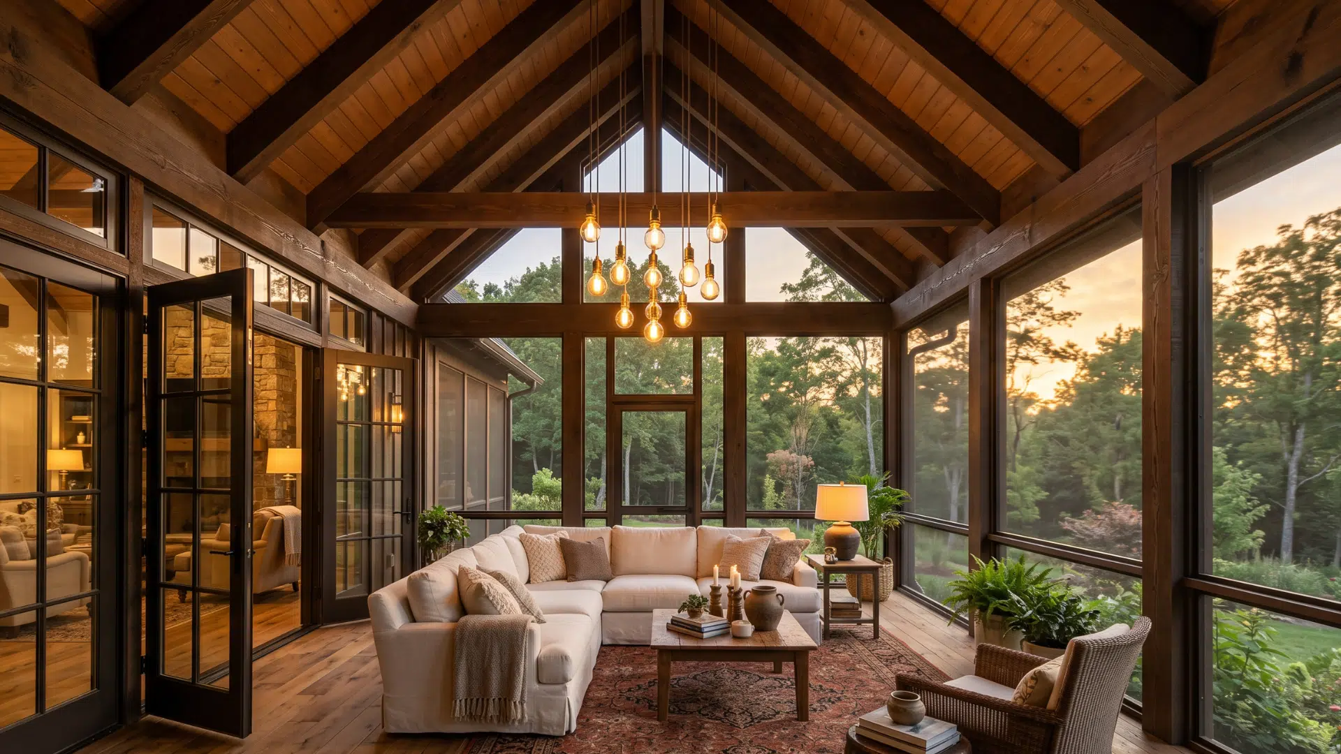 40. image of a covered screen porch with sofas and a space from which the garden is visible