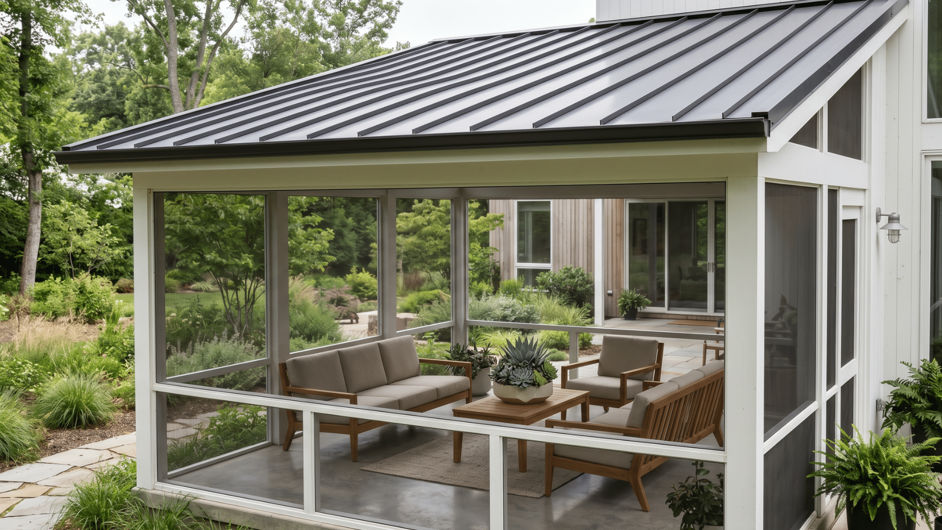 41 a open screen porch with a sitting space exposed towards the lawn