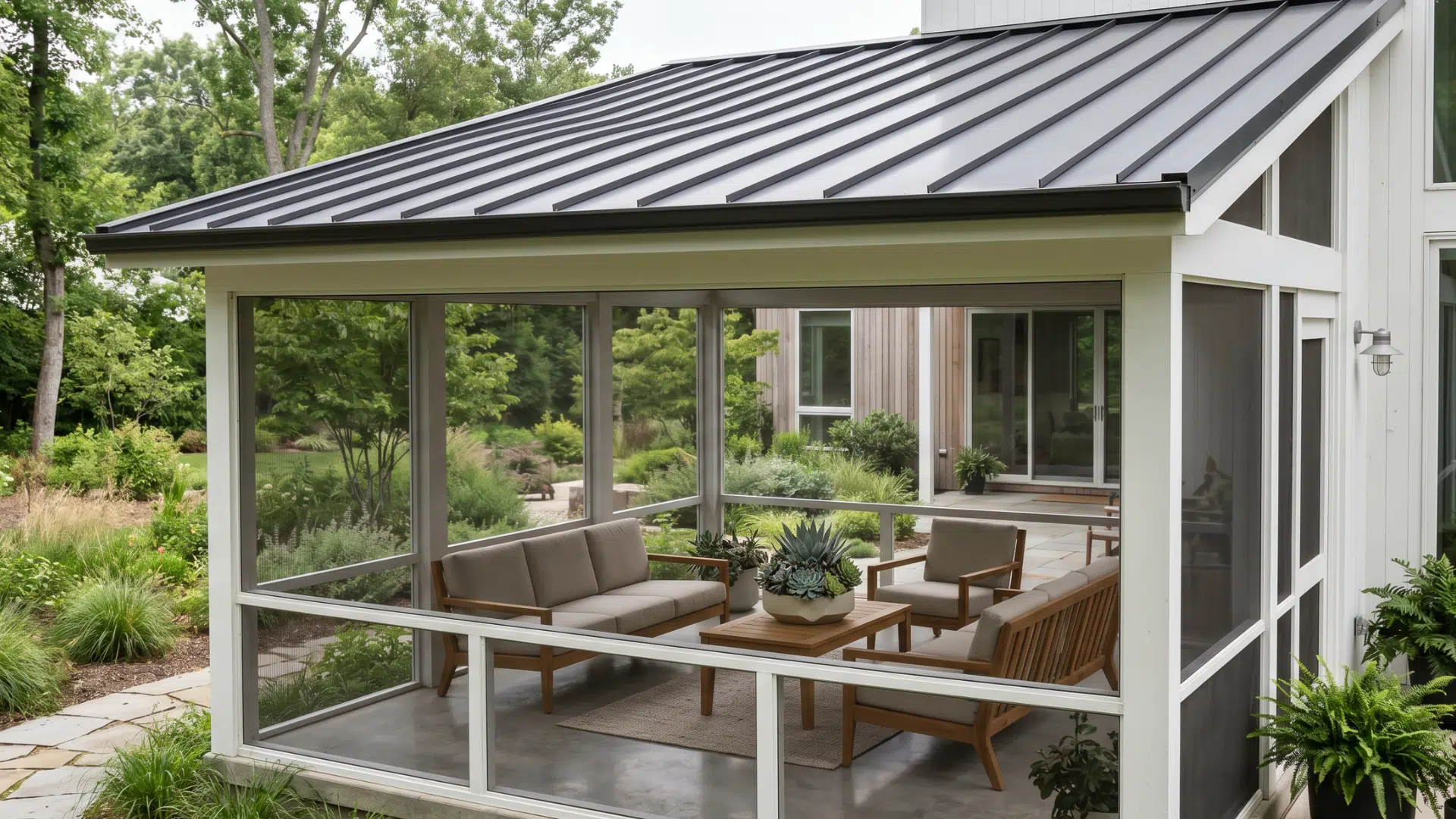 41 a open screen porch with a sitting space exposed towards the lawn