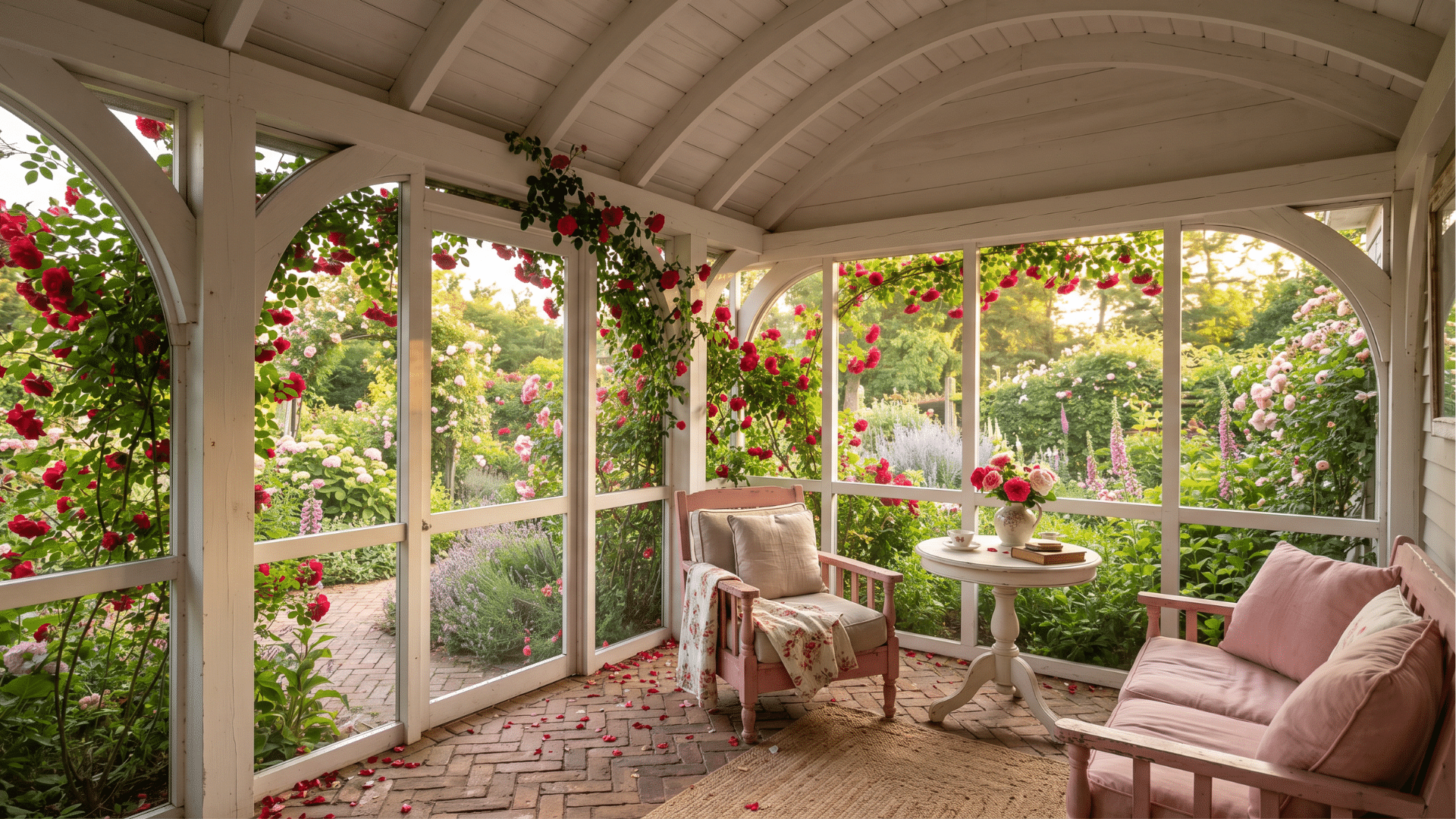 42 a screen porch exposed towards the beautiful flowers of of the garden with a vine of flowers coming to the room too