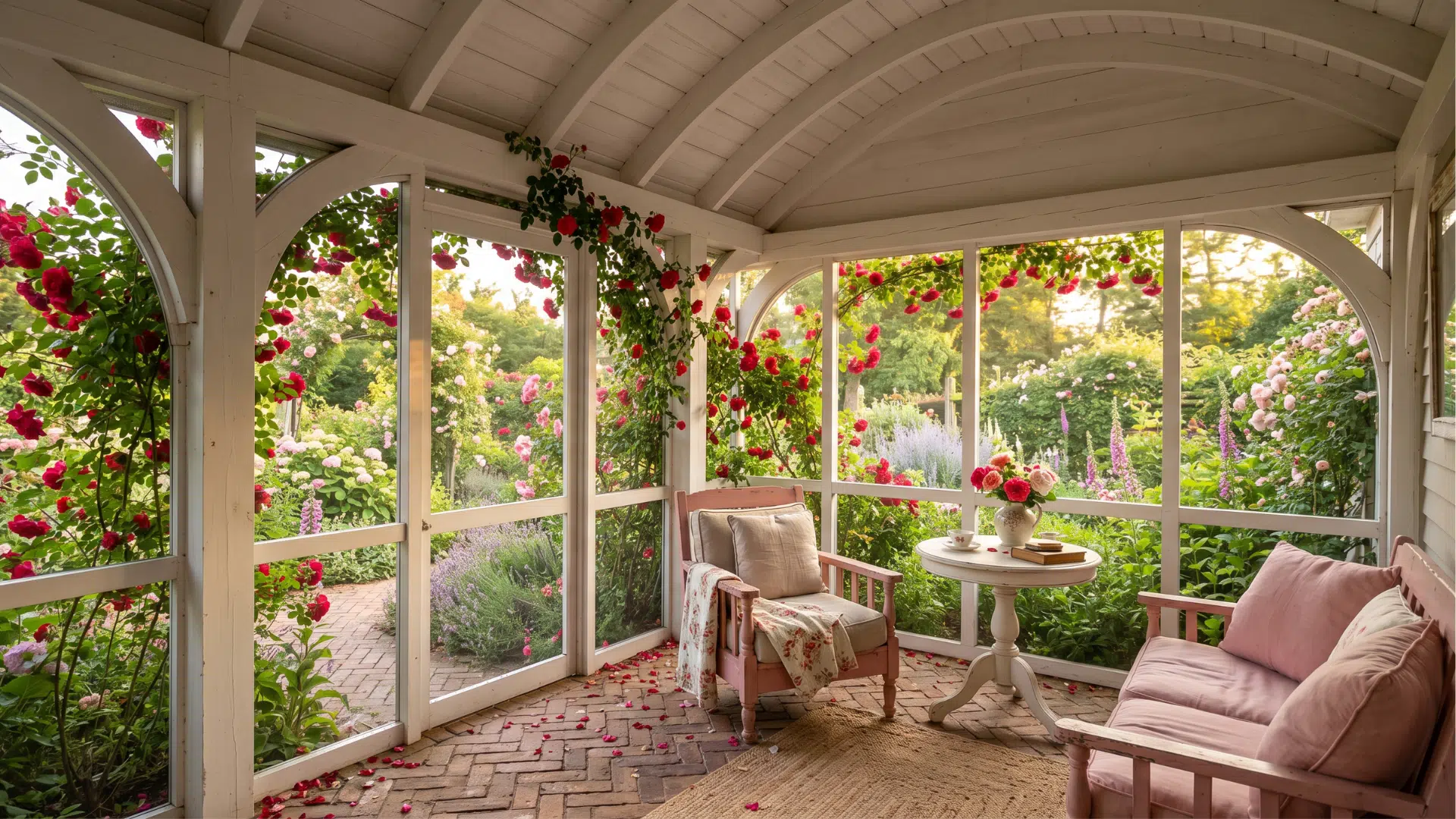 42 a screen porch exposed towards the beautiful flowers of of the garden with a vine of flowers coming to the room too