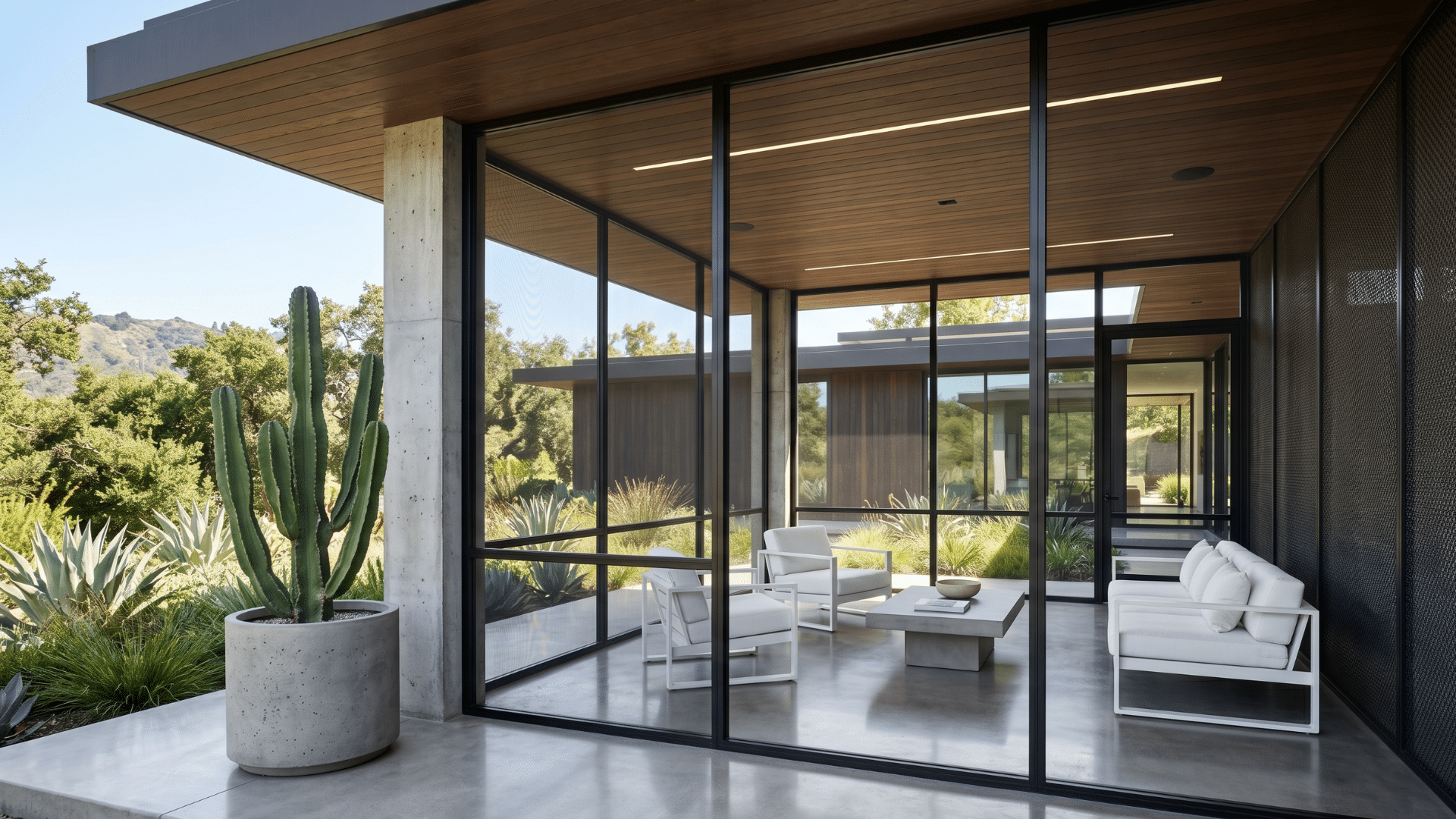 44 a modern house screen porch with glass panels for transperacy
