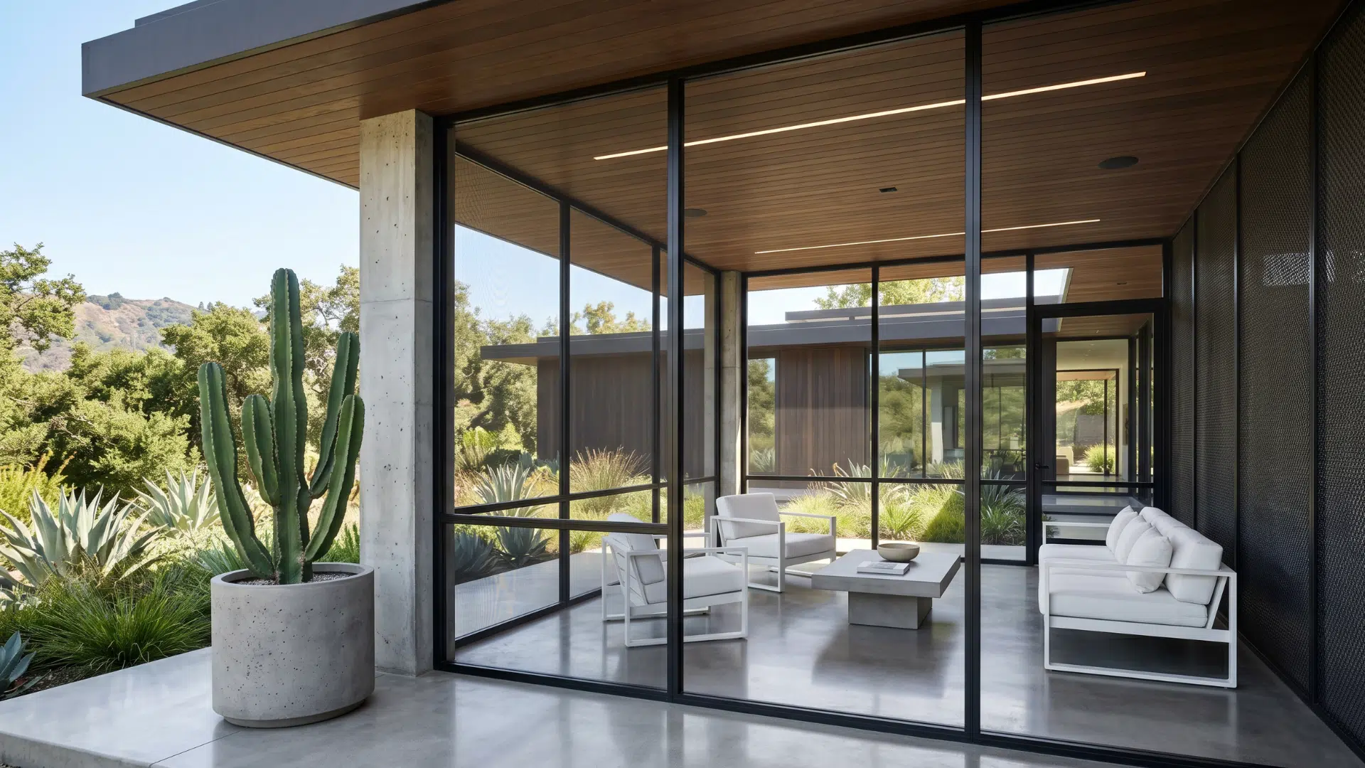 44 a modern house screen porch with glass panels for transperacy