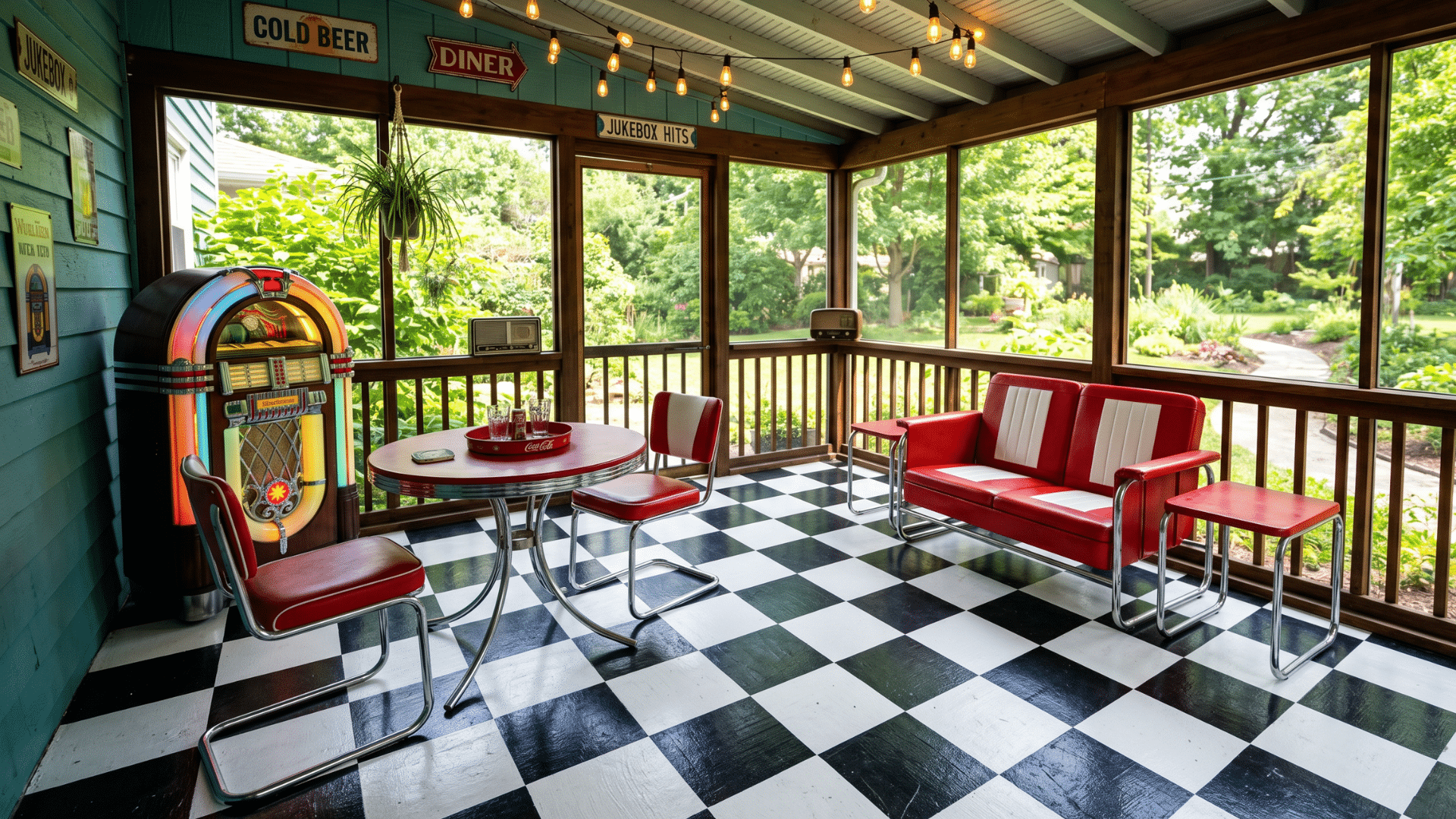 46 a spacious porch with vibrant color sitting and black and white tiles