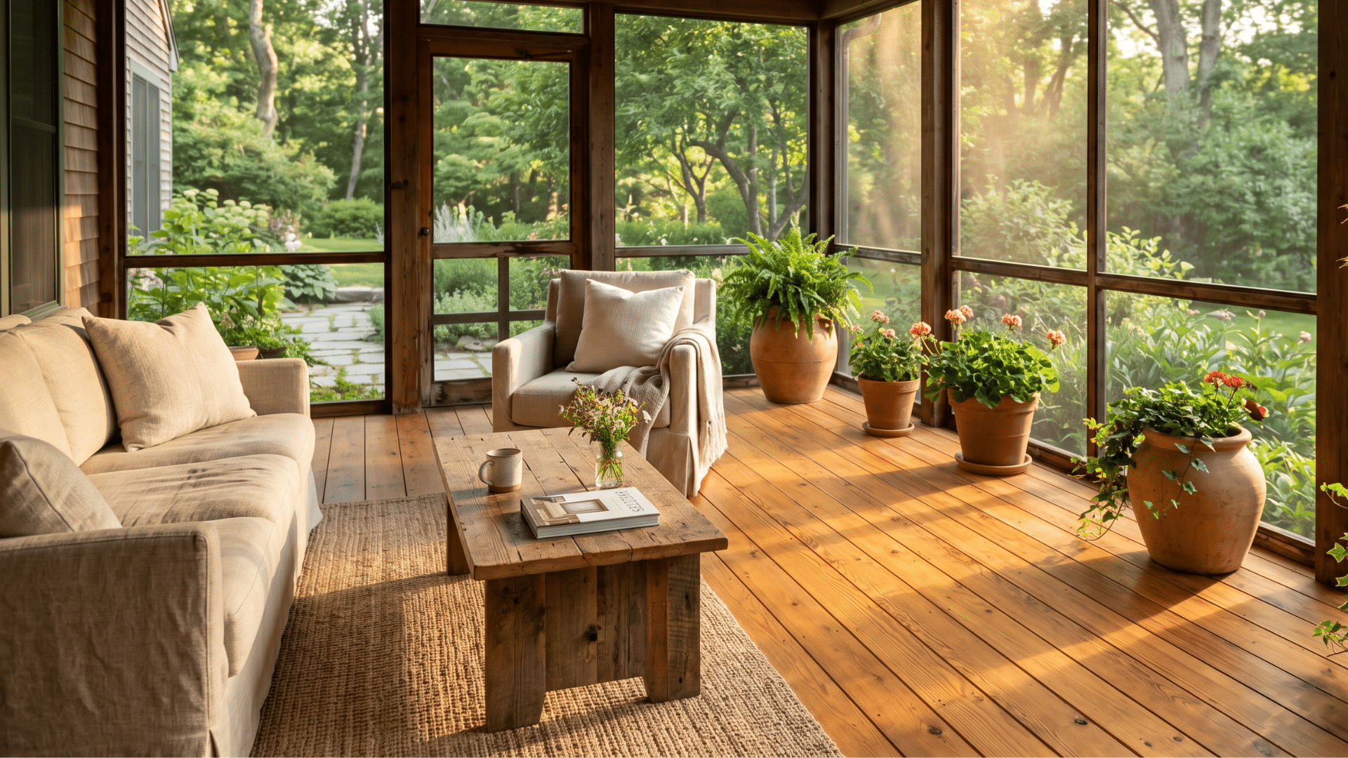 47 a open spacious screen porch with plants and sofa making it comfort place of the house