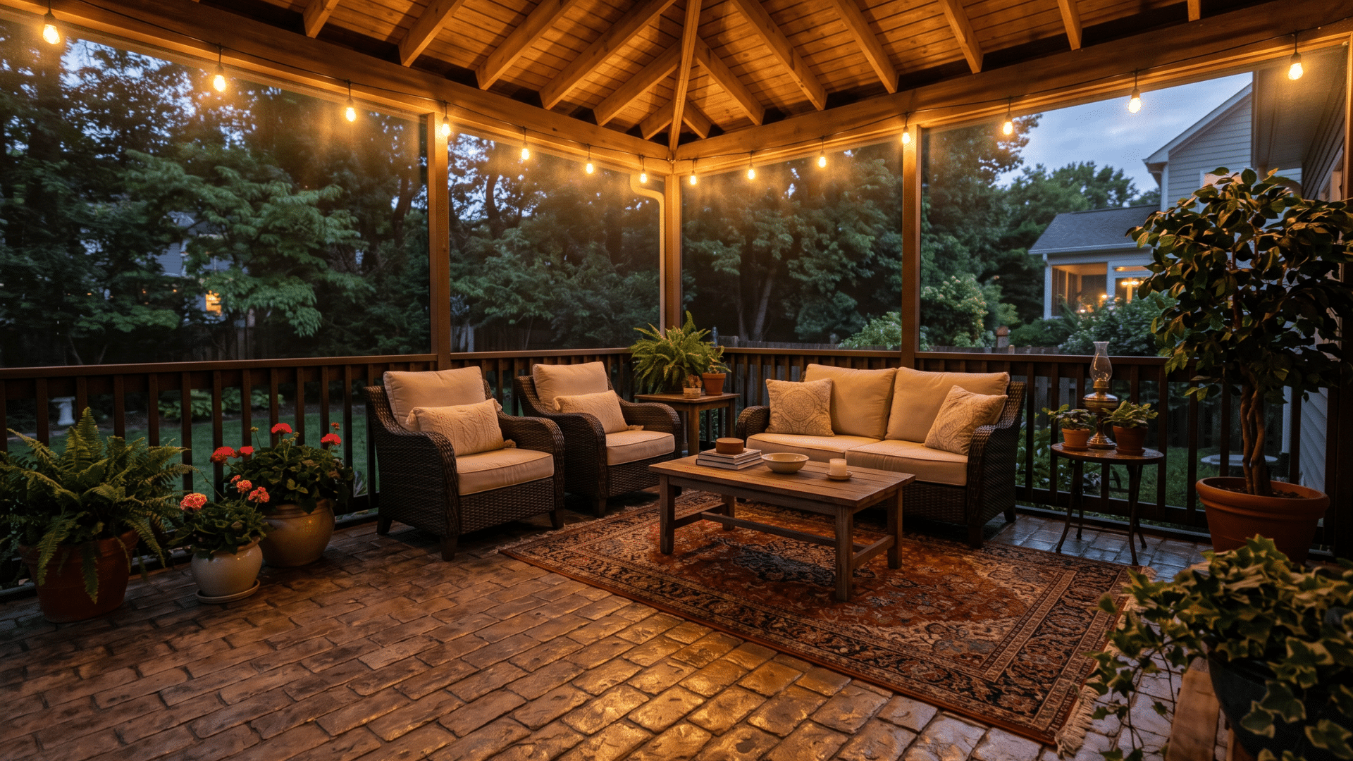49 a screen porch with a bit of dim light and nature gives the best look of garden