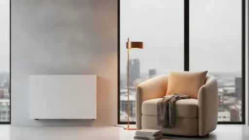 Cozy beige armchair with knit blanket next to floor lamp in modern minimalist living room