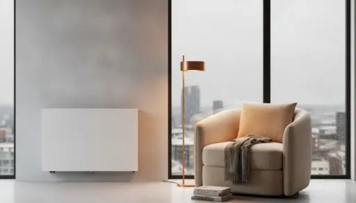 Cozy beige armchair with knit blanket next to floor lamp in modern minimalist living room