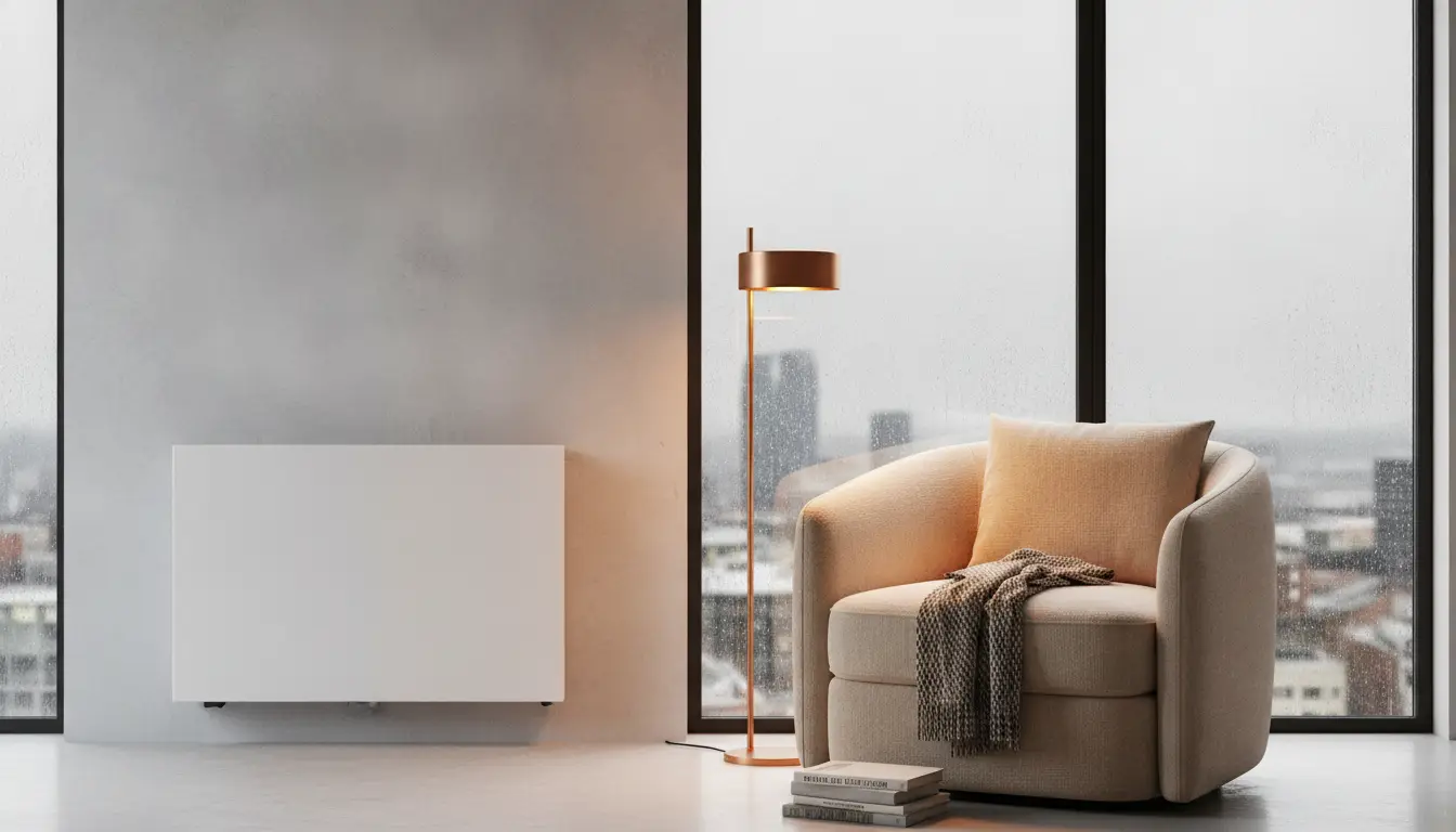 Cozy beige armchair with knit blanket next to floor lamp in modern minimalist living room