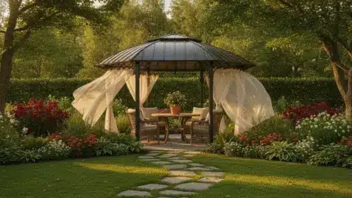Elegant garden gazebo with flowing curtains surrounded by vibrant flowers and lush greenery