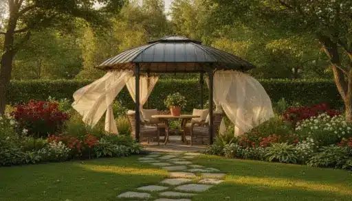 Elegant garden gazebo with flowing curtains surrounded by vibrant flowers and lush greenery