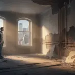 Man standing in dilapidated room with exposed brick and city view through arched windows