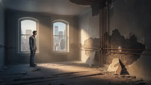 Man standing in dilapidated room with exposed brick and city view through arched windows