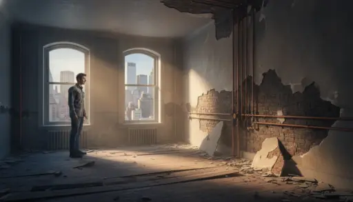 Man standing in dilapidated room with exposed brick and city view through arched windows
