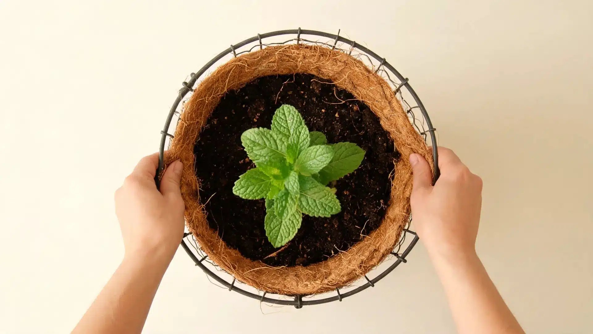 two hands holding a round wire basket with coco liner from above, small fresh mint plant pressed into dark soil